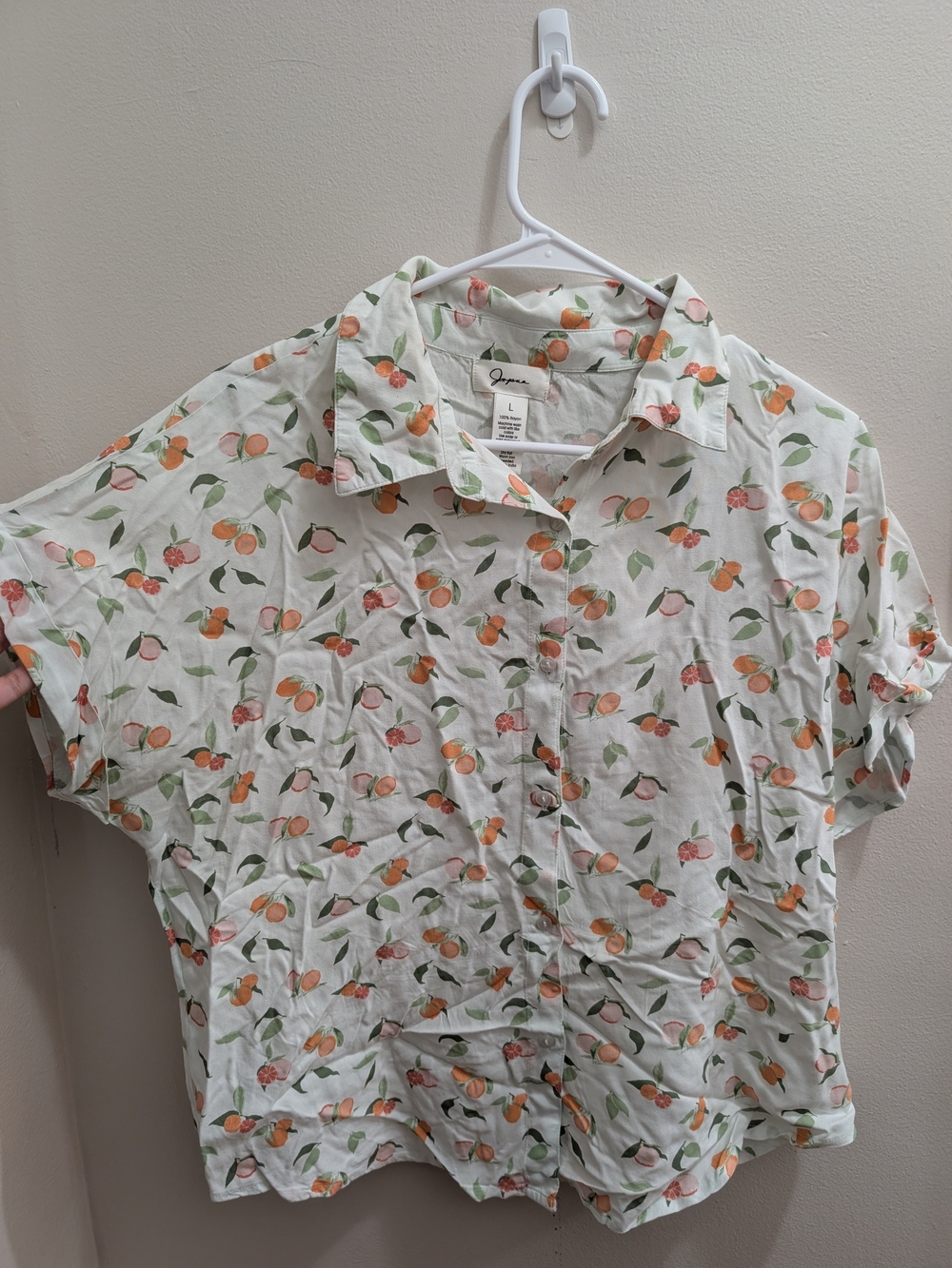 Japna Floral Button Down Rayon Shirt in White & Orange Size Large